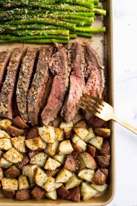 Tender flank steak cooked with diced potatoes and vegetable of your choice in a sheet pan