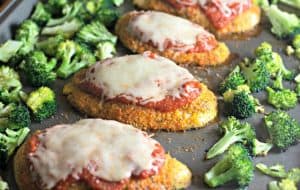 Easy to make chicken parm dinner completed with broccoli or your choice of veggie