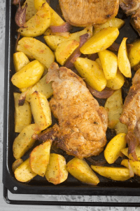 Healthy and easy way to eat porkchops on a cookie sheet with potatoes