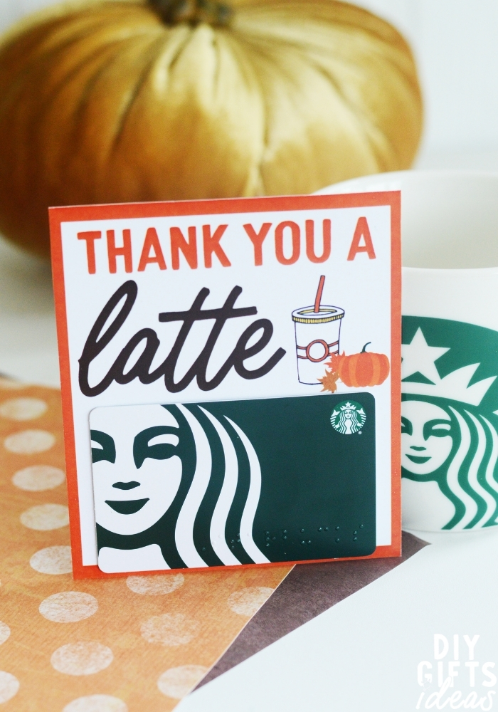 Tall closeup of the finished DIY Fall Starbucks Thank You A Latte Gift..