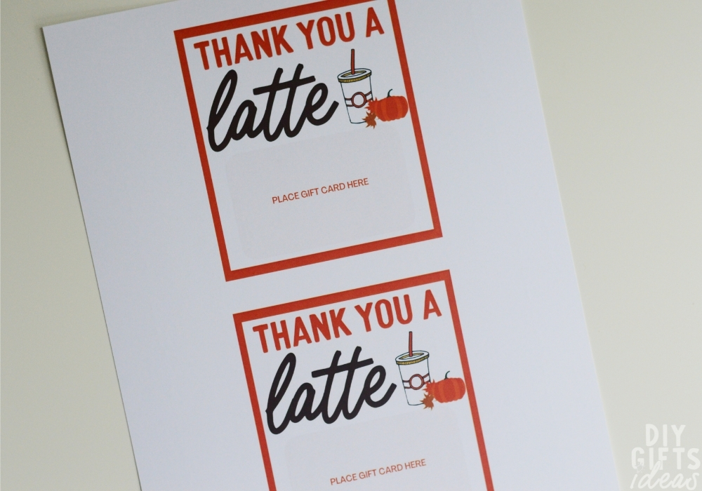 Closeup of the printable tags for the DIY Fall Starbucks Thank You A Latte Gift that say 
