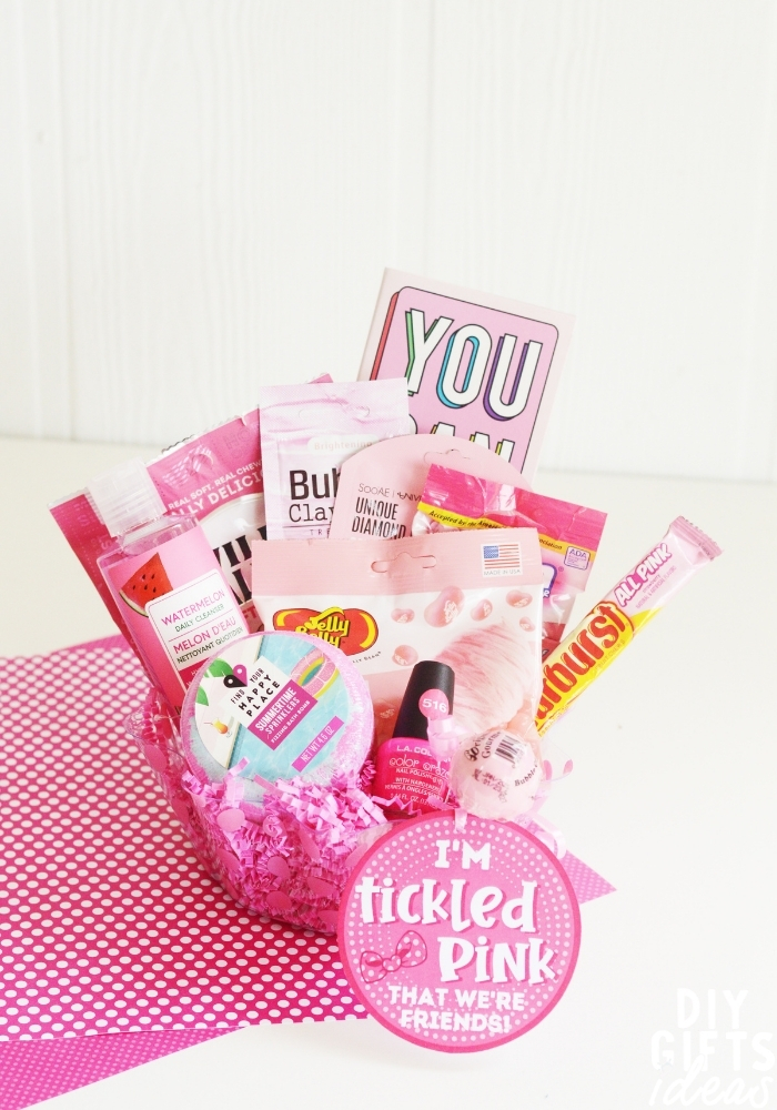 Tall image of the completed DIY Pink Gift Basket.