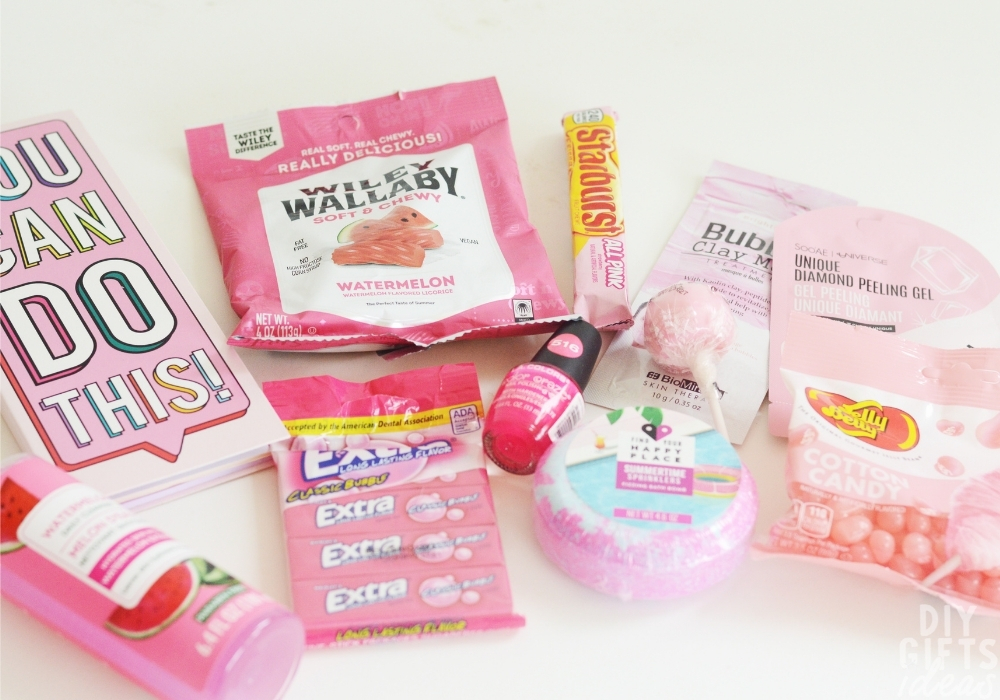 Overview of the pink items for the color themed gift basket.