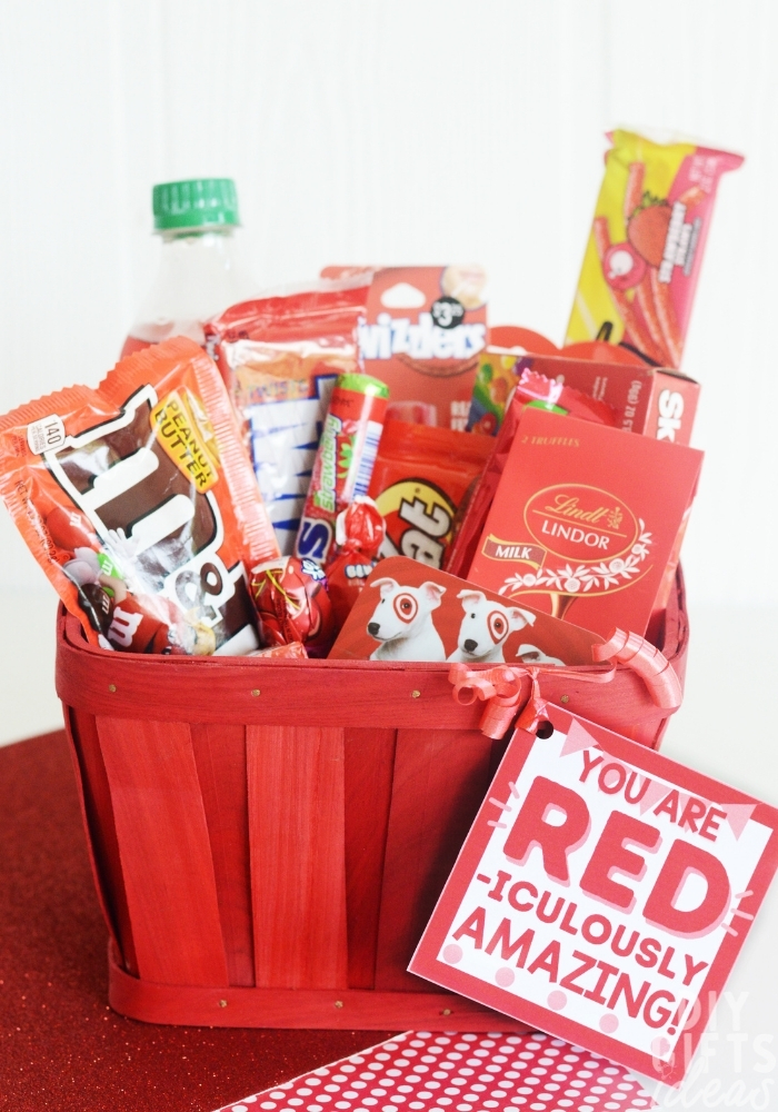 A tall image of the finished DIY Red Gift Basket.