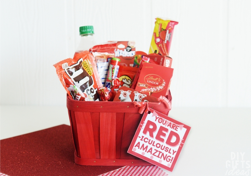 The finished DIY Red Gift Basket.