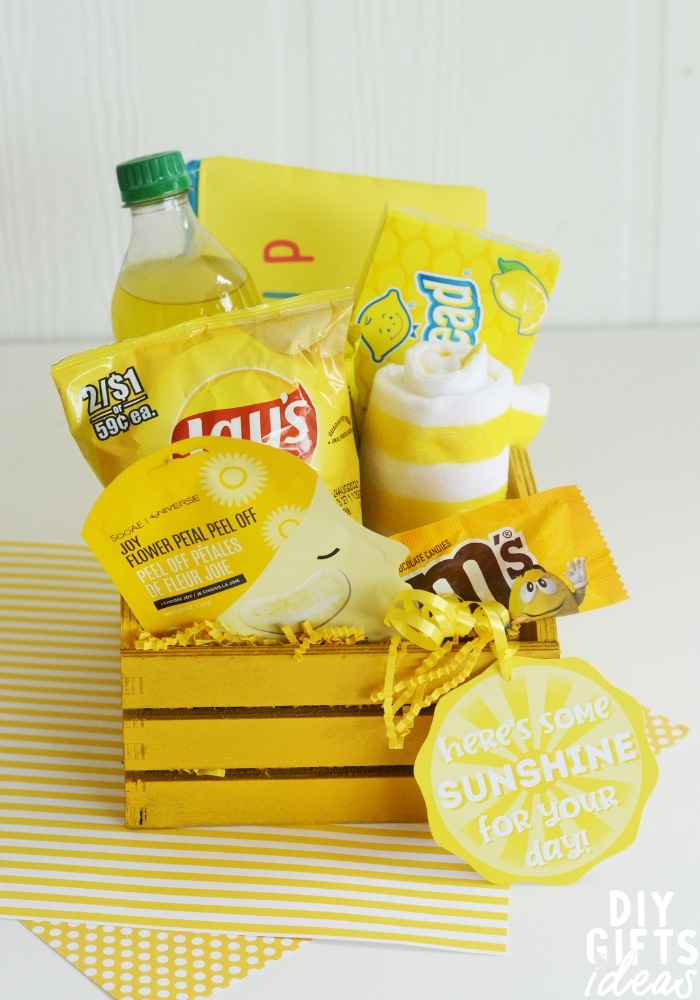 A tall image of the finished DIY Yellow Gift Basket.