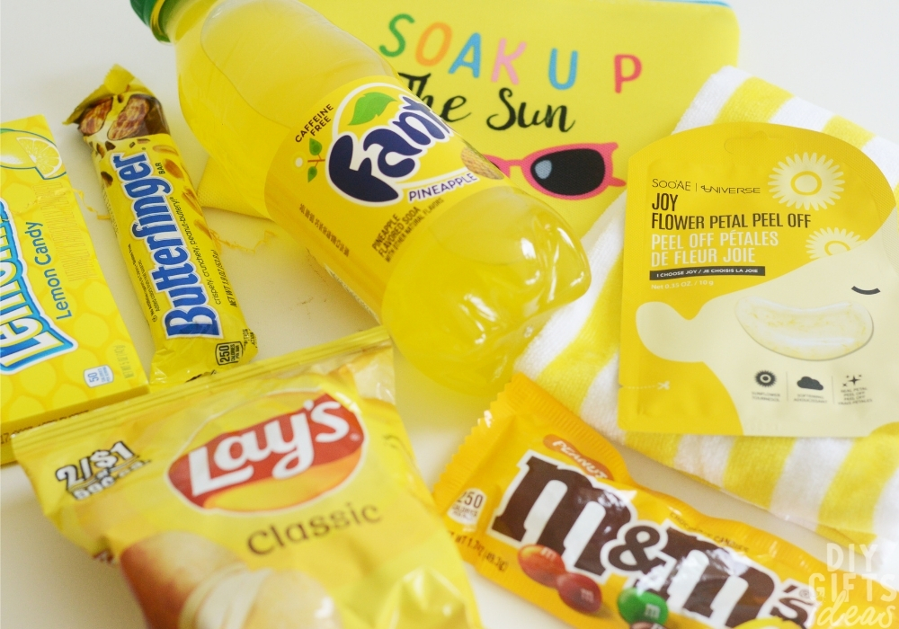 Overview of the yellow items for the yellow color themed gift basket.