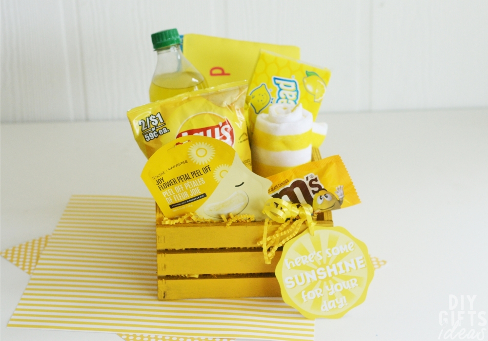 The finished DIY Yellow Gift Basket.