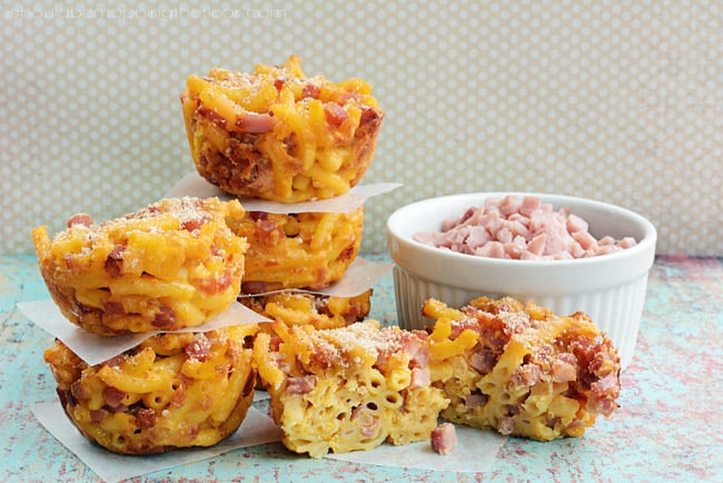 mac & cheese mixed with ham in muffin form for frugal lunch idea