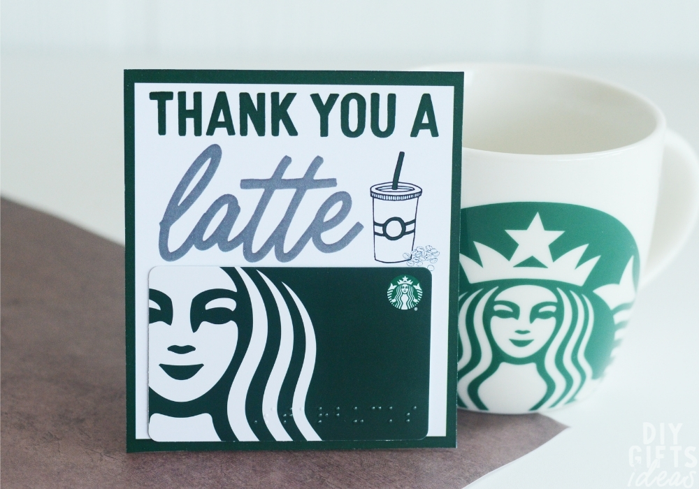 Closeup up of the finished DIY Starbucks Thank You A Latte Gift next to a Starbucks coffee mug..