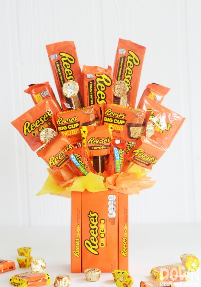 A tall closeup of the finished DIY Reese's Bouquet.