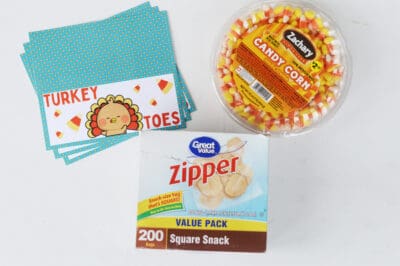 zipper baggies, candycorn, and turkey toes printable tags