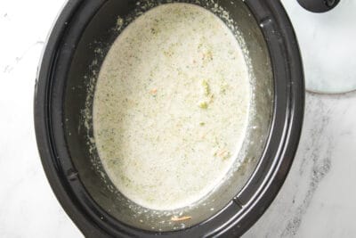 Cooked broccoli and cheese soup in a crock pot
