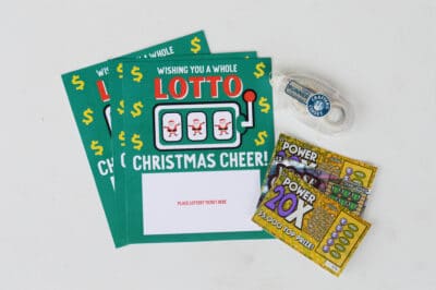 Supplies to make a Christmas lottery ticket gift
