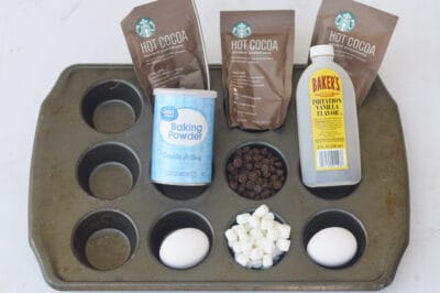 Ingredients for making hot cocoa muffins