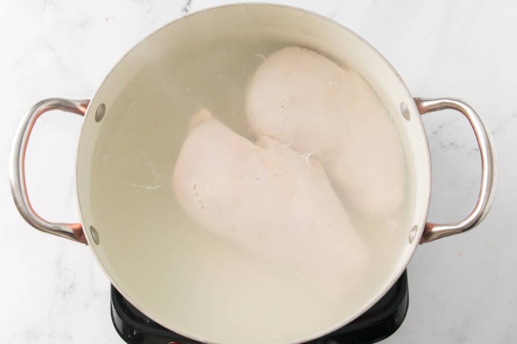 chicken breast in pot with salted water