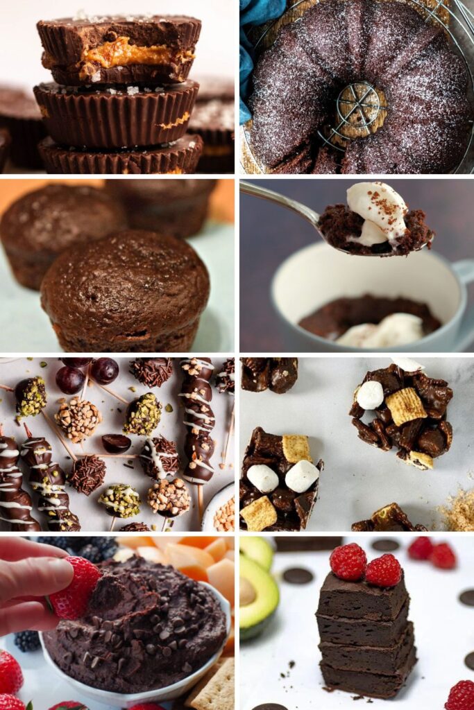 This photo shows a roundup image of 8 of the recipes included in this list of weight watchers chocolate desserts recipes. 