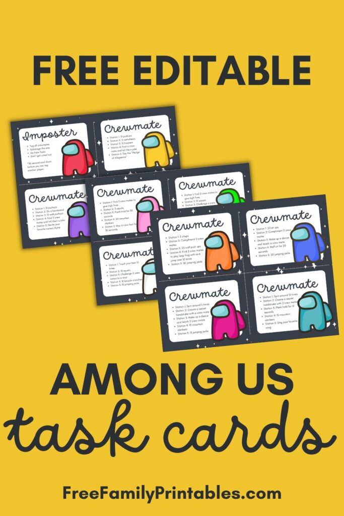 This image shows a preview of the Free Among Us task cards printable offered on this blog. It shows the 11 crew mates and 1 imposter card with task lists. 