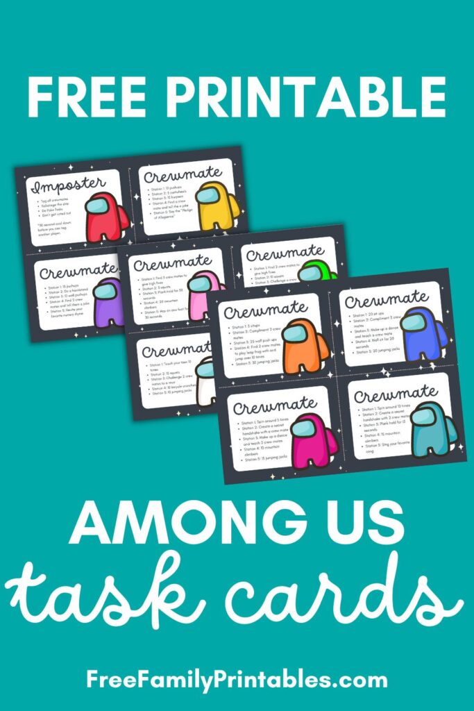 This image shows a preview of the Free Among Us task cards printable offered on this blog. It shows the 11 crew mates and 1 imposter card with task lists.