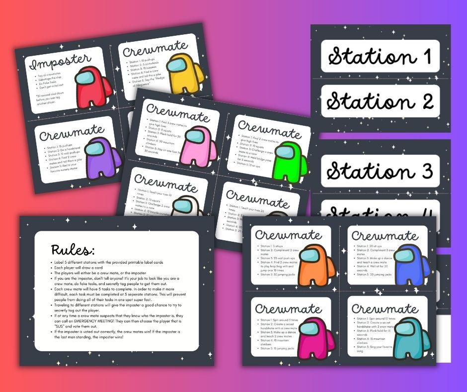 This image shows a preview of the Free Among Us task cards printable offered on this blog. It shows the 11 crew mates and 1 imposter card with task lists, plus station labels, and rules.