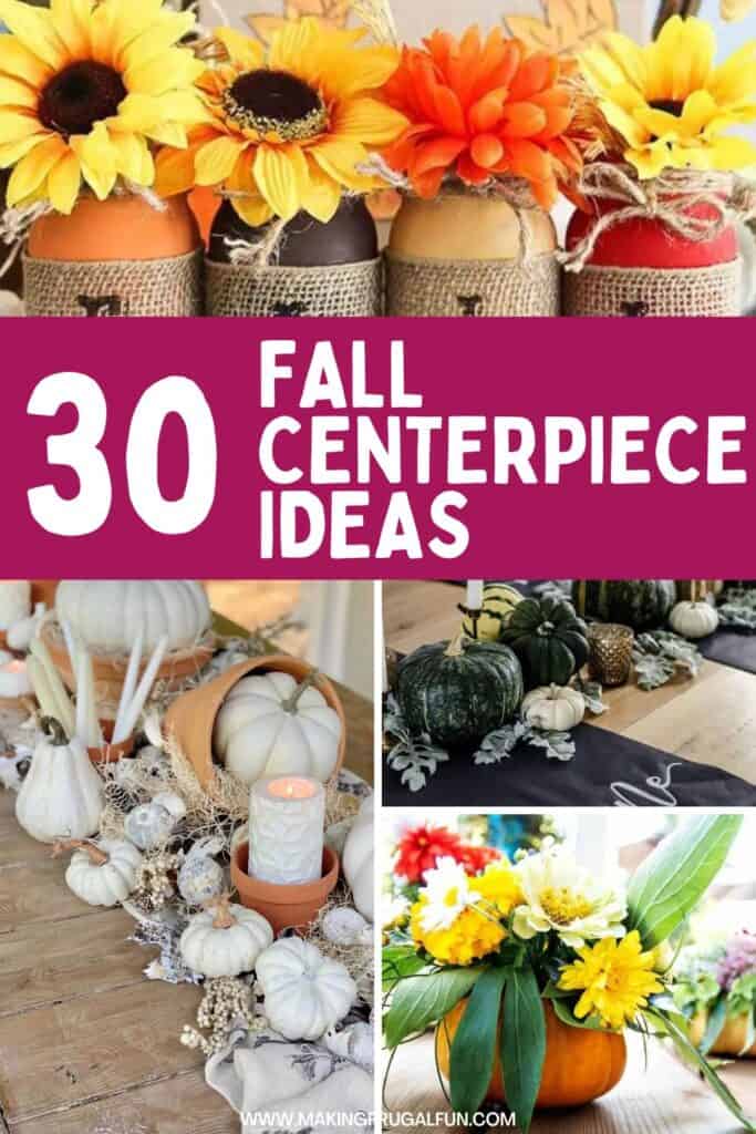 A roundup of images of DIY Fall Kitchen Table decor ideas using fall flowers, pumpkins, pinecones, and other fall decorations.