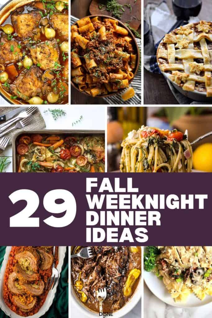 A roundup image showing a preview of a few of the fall weeknight dinner ideas in this list.