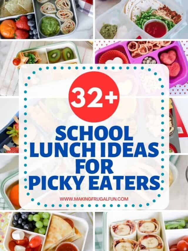 A round up image with previews of school lunch ideas for picky eaters.