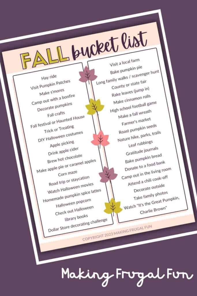 This image shows a preview of the printable fall bucket list family ideas.