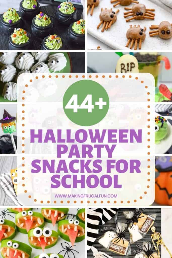 A round up image of halloween party snacks for school. 