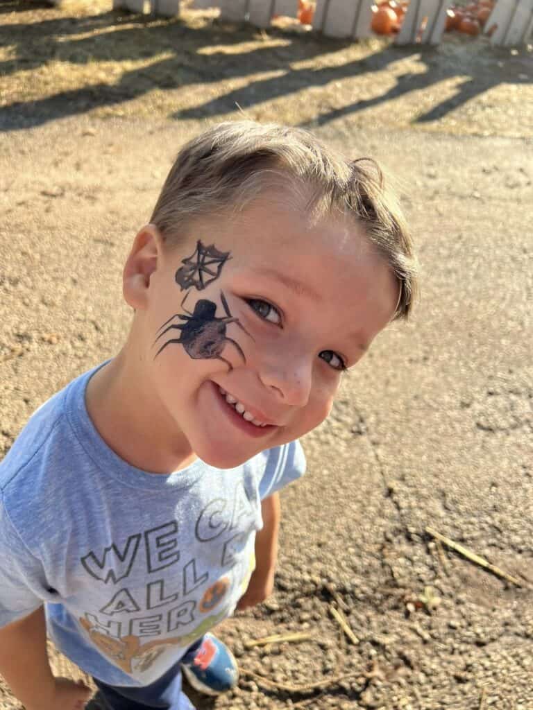 A photo of a toddler with a spider face painting at a pumpkin patch in fort worth. 