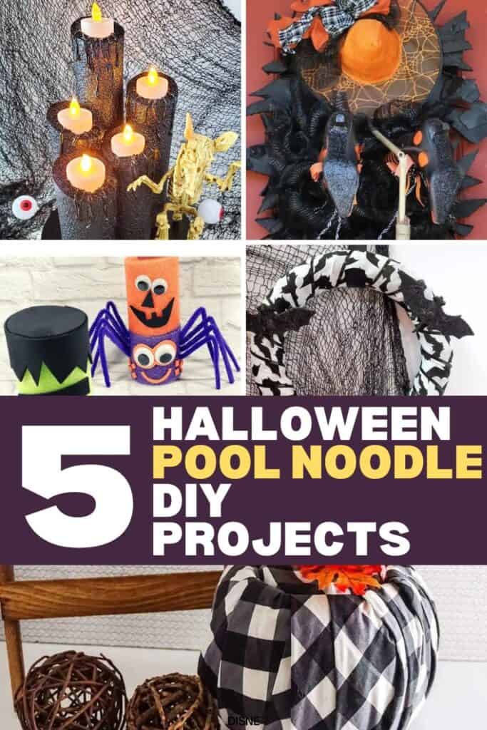 Round up image of 5 easy halloween DIY projects using pool noodles.