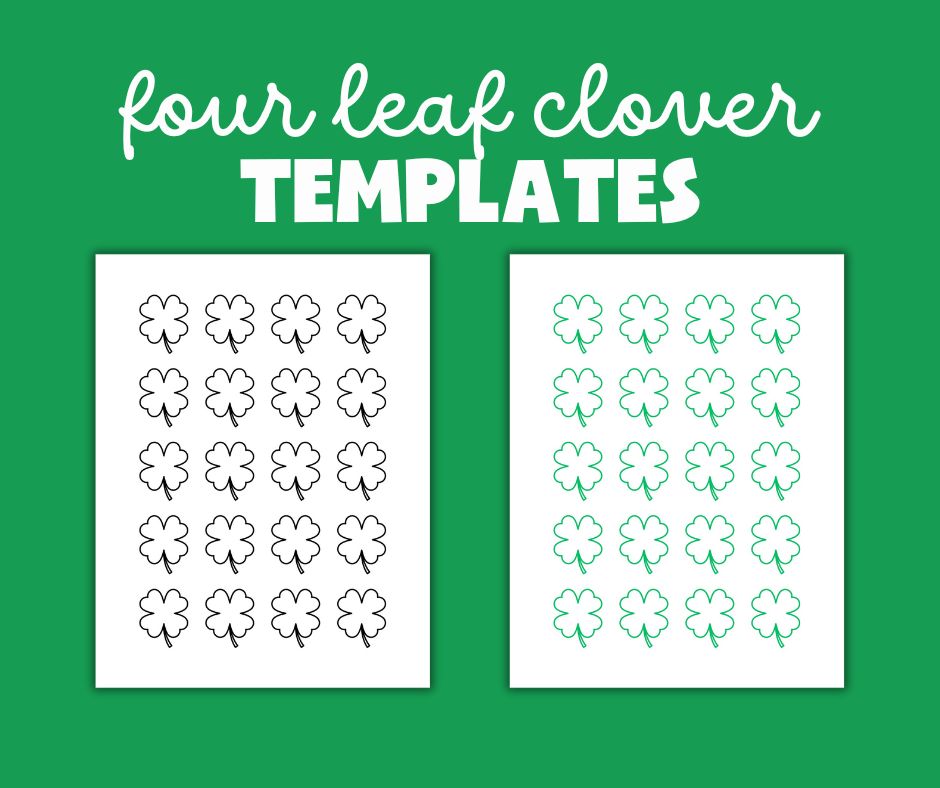 preview of the free small shamrock template printables showing green and black four leaf clover templates.