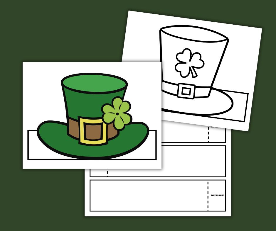 This image shows a preview of the free printable St Patricks day hat which includes a blank template for coloring and a full color version to print out, cut, and tape or glue together to make a fun hat for your St Patricks Day celebrations.
