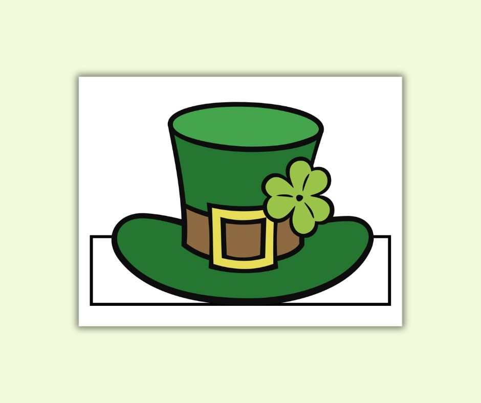 This image shows a preview of the free printable St Patricks day hat which includes a blank template for coloring and a full color version to print out, cut, and tape or glue together to make a fun hat for your St Patricks Day celebrations.