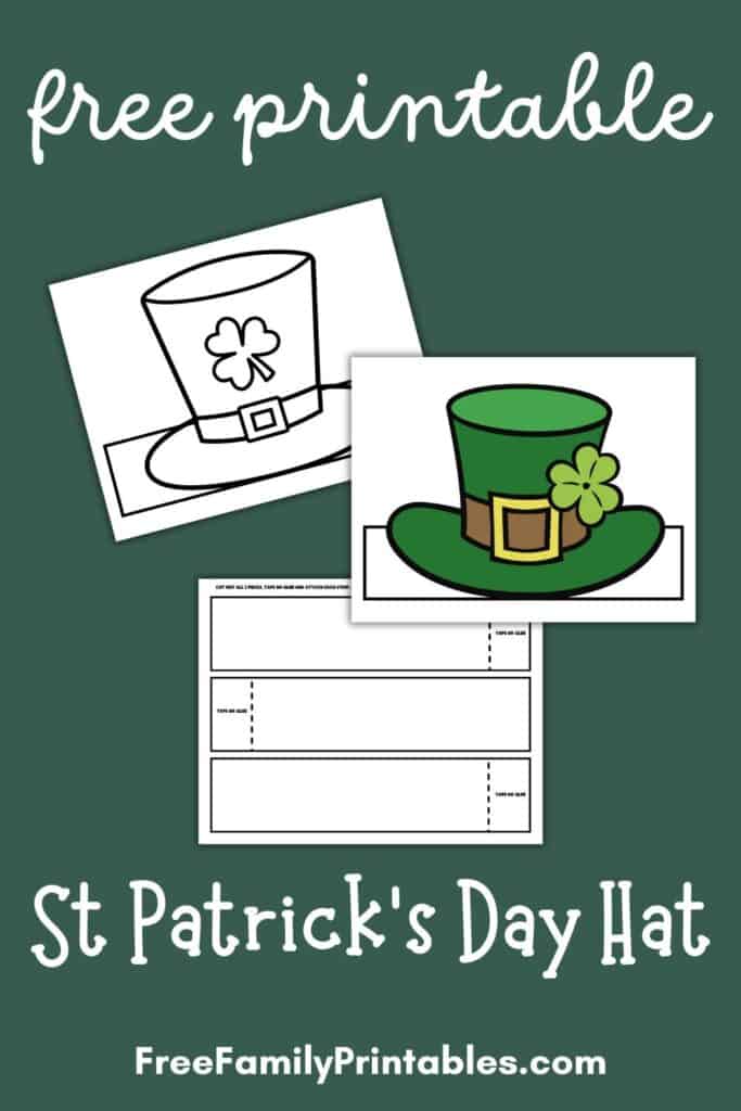 This image shows a preview of the free printable St Patricks day hat which includes a blank template for coloring and a full color version to print out, cut, and tape or glue together to make a fun hat for your St Patricks Day celebrations.